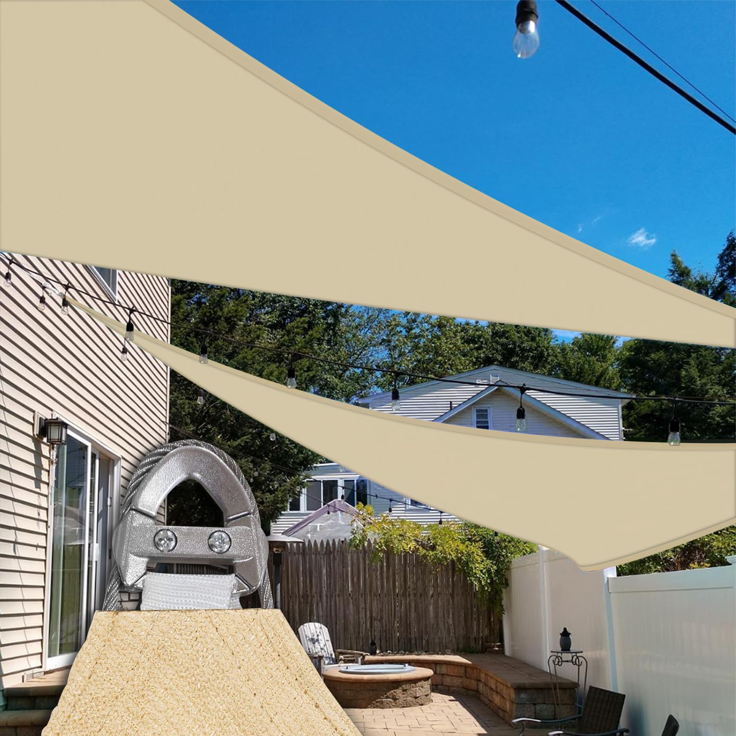 TANG Sunshades Depot A Ring Design Steel Cable Wire Reinforcement Equilateral Triangle Sun Shade Sails Beige Heavy Duty Permeable 260 GSM with 8'' inch Sun Sail Hardware Kit