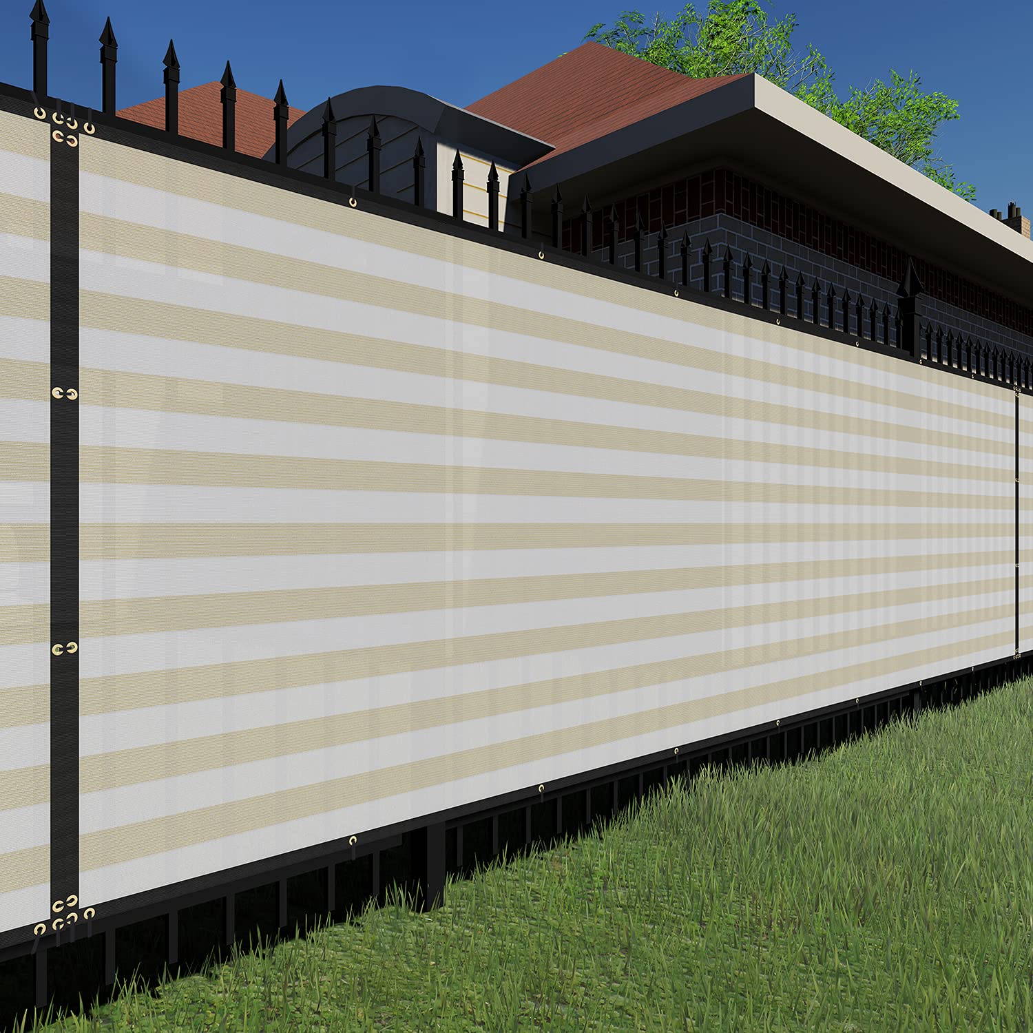 TANG Sunshades Depot Fence Privacy Screen Beige White Strips 180GSM