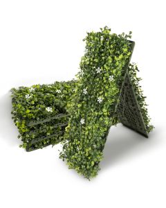 Bynbbur 18"x6" 25 PCS Artificial Panel Milan with White Flowers Hard Base Fence Privacy Screen Evergreen Wall for Patio Indoor Outdoor Garden Wedding Décor