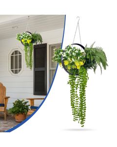 Bynbbur Fake Hanging Plants 1Pc Artificial Hanging Flower Basket with Black Frame, Greenery Floral for Home Living Room Wall Decor Wedding Indoor Outdoor Decoration