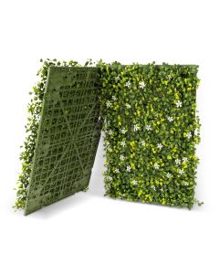 Bynbbur 25PCS 18"x12" Artificial Panel Hard Base Fence Privacy Screen Evergreen Wall for Patio Indoor Outdoor Garden Wedding Décor, Milan With White Flowers